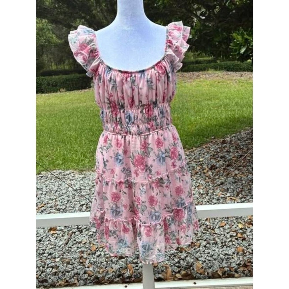 Streetwear‎ Society Womens XL Pink Floral Smocked Ruffle Mini Dress Coquette